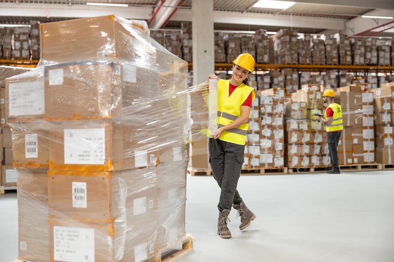 Focused warehouse employee using stretch wrap to secure boxes on a pallet inside storage facility