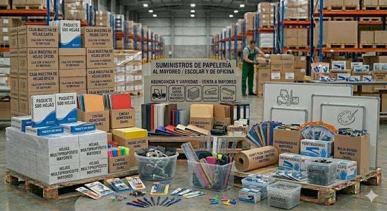 Warehouse display of office and art supplies with stacked boxes, pens, markers, notebooks, and packaging materials arranged on pallets