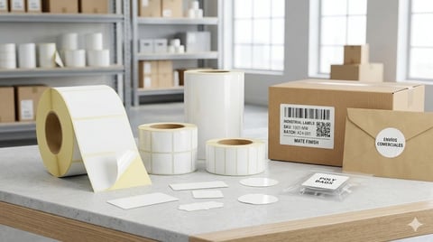 Rolls of white and yellow label tape with cardboard boxes and shipping supplies on a desk in a bright office workspace