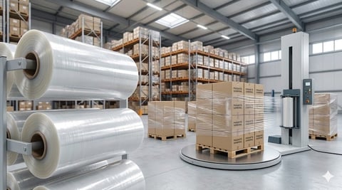 Industrial warehouse with large plastic film rolls on left, wooden pallets on right, and shelving racks storing boxes in background