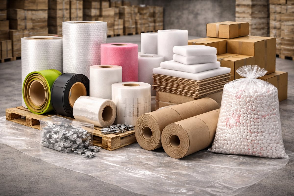 Warehouse filled with packaging materials including rolls of bubble wrap, kraft paper, cardboard boxes, packing tape, and foam peanuts on pallets