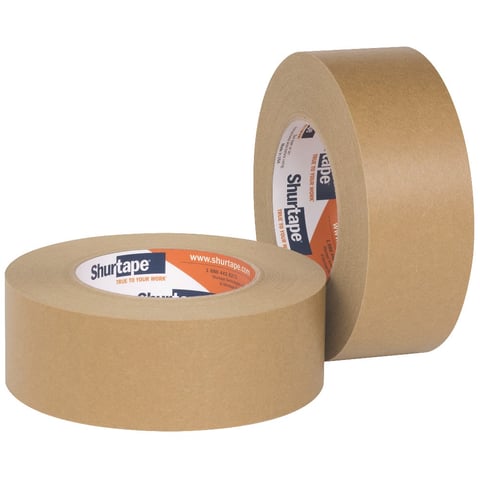Two rolls of Shurtape kraft paper tape displayed at different angles showing the label and packaging design