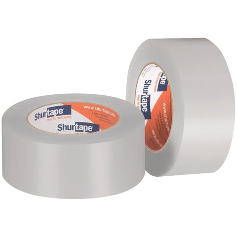 Two rolls of white Shurtape packaging tape with orange and blue branded labels displayed at different angles