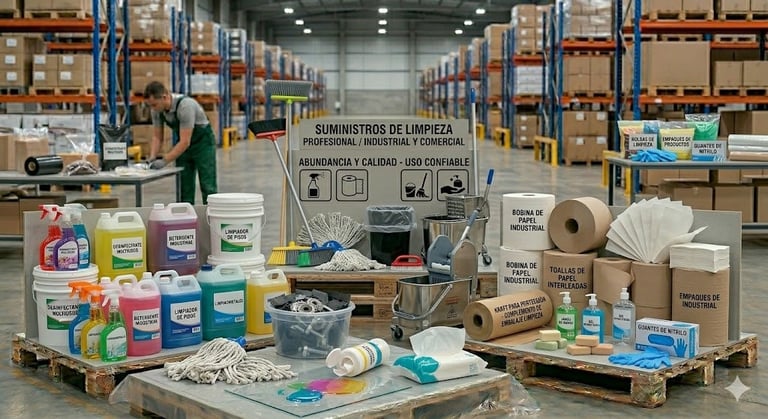 Warehouse display of cleaning supplies and industrial products arranged on pallets and tables