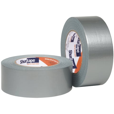 Two rolls of gray Shurtape duct tape displayed on white background