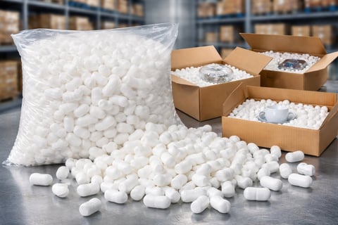 White packing peanuts in a clear plastic bag with cardboard boxes in a warehouse setting