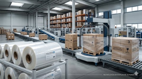 Industrial warehouse with automated robotic palletizer moving cardboard boxes on conveyor system, with rolls of packaging material in foreground