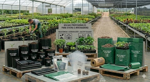 Professional gardening supplies and products displayed in rows inside a large commercial greenhouse with plants