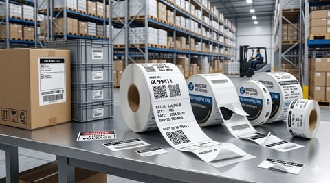 Various rolls of printed labels and shipping tape displayed on a table in a warehouse with shelving and boxes in the background