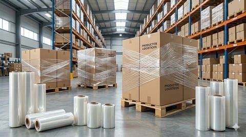 Large warehouse interior with wrapped shipment pallets on wooden bases and rolls of plastic wrap on the floor