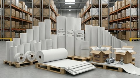 Warehouse interior displaying various rolls and sheets of white paper products arranged on pallets with industrial shelving in background