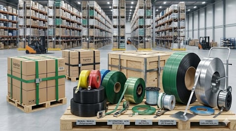 Industrial warehouse with packing materials and strapping tape rolls displayed on pallets in foreground, storage racks in background