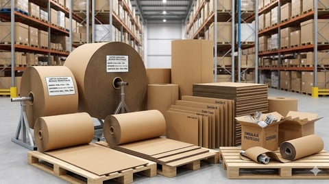 Warehouse filled with cardboard boxes, rolls of kraft paper, corrugated sheets, and packing supplies on wooden pallets