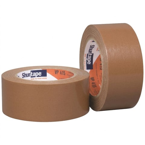 Two rolls of brown Shurtape packing tape with orange labels displayed at different angles