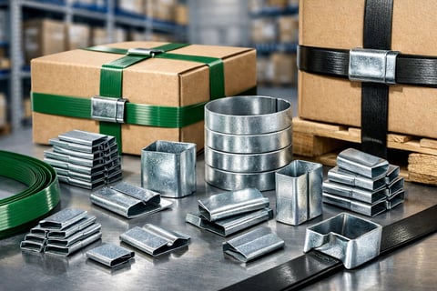 Cardboard boxes with green and black straps display various metal products including steel bands, coils, and fasteners in an industrial warehouse setting