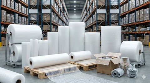 Various packing materials including bubble wrap, foam sheets, and paper rolls displayed on wooden pallets in an industrial warehouse