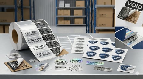 Various printed labels and stickers displayed on a table, including rolls of labels, label sheets, and sample prints in a warehouse setting