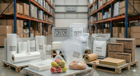 Assortment of packaging supplies including rolls, boxes, bags, and food containers arranged in a warehouse setting
