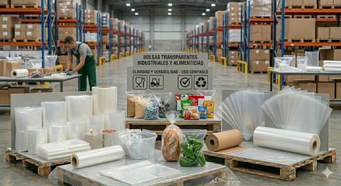 Industrial warehouse displaying transparent and food-safe packaging materials including plastic films, rolls, and containers with product guidelines on sign