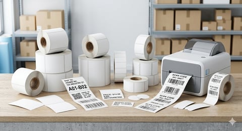 Label printer and rolls of thermal shipping labels on a wooden desk with cardboard boxes in the background