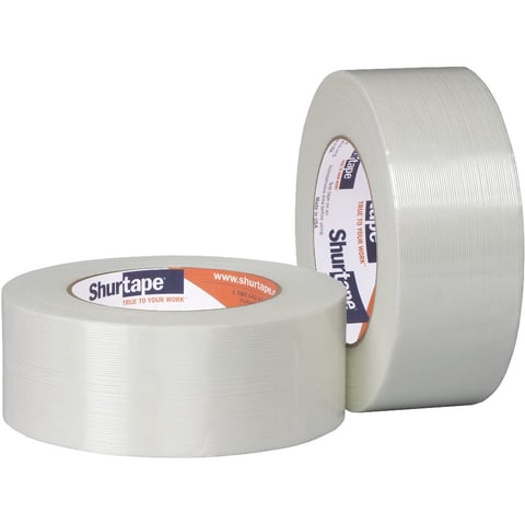 Two rolls of Shurtape clear reinforced packaging tape displayed at angles showing the label and adhesive side