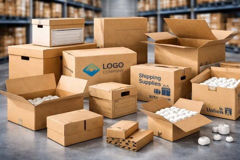 Assorted cardboard boxes and shipping supplies arranged in a warehouse setting, including branded boxes with logo and packing materials