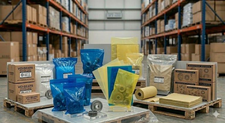 Warehouse warehouse display with blue and yellow plastic bags, packaging materials, cardboard boxes, and pallets on shelves in background