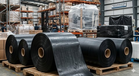 Large rolls of black industrial rubber conveyor belting stacked on wooden pallets in a warehouse facility