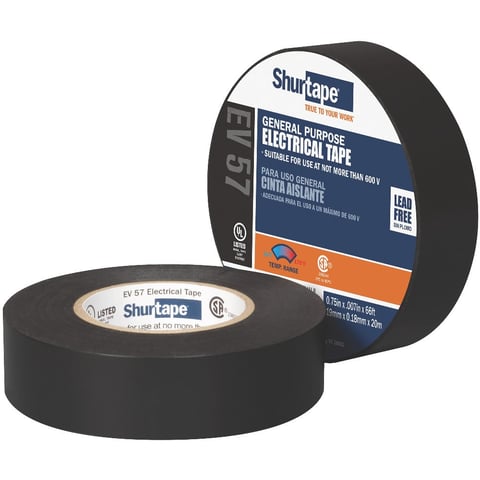 Two rolls of Shurtape electrical tape, one unrolled and one with its package label visible, displaying general purpose black electrical tape specifications