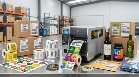 Industrial label printer surrounded by cardboard boxes, product samples, and various labeled stickers in a warehouse setting