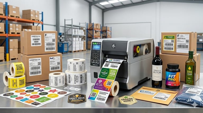 Industrial label printer surrounded by cardboard boxes, product samples, and various labeled stickers in a warehouse setting
