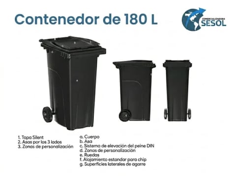 Contenedor de 180 litros SESOL con etiquetas de características
