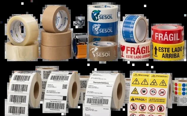 Assortment of packaging tape, warning labels, and shipping supplies including clear tape, kraft tape, branded tape, and hazard stickers